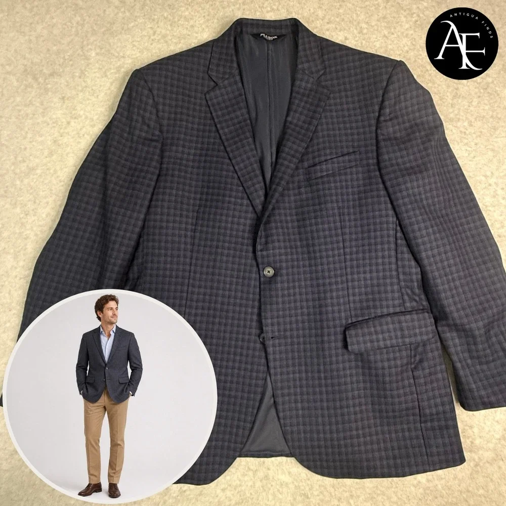 Jos A Bank Mens 44R Wool Blazer Sport Coat Navy‎ Check Traditional Fit 2-Button